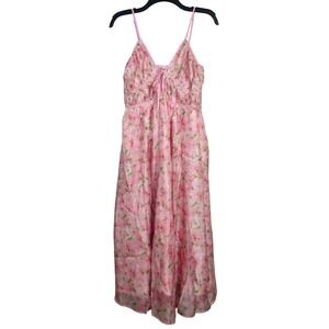 EN SAISON Pink Floral Midi Dress Smocked Back Tie Detail Dress Size M NWT